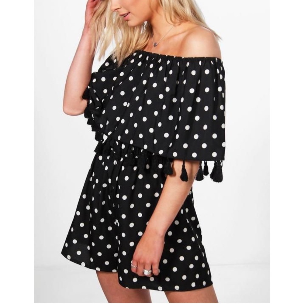 Boohoo Black and White Off-Shoulder Flutter romper playsuit with tassel detail M